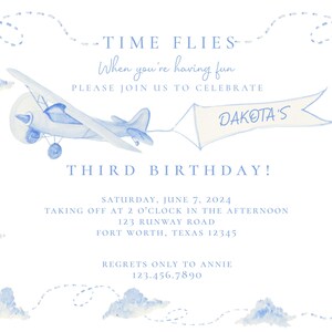 Invitación de avión Preppy de acuarela, Invitación de avión Preppy Time Flies, Invitación de avión vintage, Fiesta Up Up & Away, Imprimible imagen 2