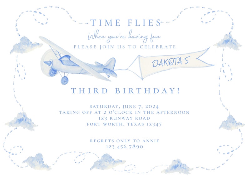 Invitación de avión Preppy de acuarela, Invitación de avión Preppy Time Flies, Invitación de avión vintage, Fiesta Up Up & Away, Imprimible imagen 2