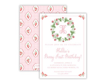 Watercolor Berry First Birthday Party Invitation | Preppy Berry Birthday Invite | Grandmillennial Berry Party | Strawberry Party | Printable