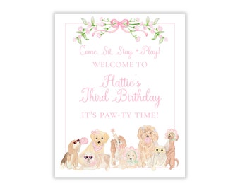 Preppy Watercolor Girl's Dog Party Welcome Sign | Let's Pawty Welcome Sign | Come, Sit, Stay & Play Welcome Sign | Printable