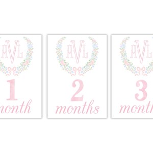 Cartes d'étape aquarelle pour l'écusson du grand millénaire | Cartes d'étape avec écusson floral pour bébé fille | Cartes d'étape monogramme bébé fille | Imprimable