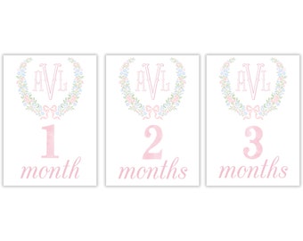 Watercolor Grandmillennial Crest Milestone Cards | Baby Girl Floral Crest Milestone Cards | Baby Girl Monogram Milestone Cards | Printable