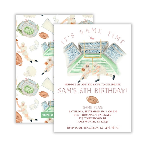 Watercolor Boy's Football Party Invitation | First Down Party Invitation | Preppy Football Party | Vintage Football Party | Printable