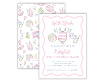 Watercolor Girls Swim Party Invitation | Preppy Pool Party Invitation | Girls Summer Birthday Party | Beach Party Invite | Printable