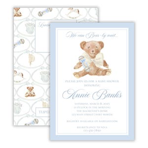 May include: A blue and white baby shower invitation with a teddy bear holding a rattle. The invitation says "We can Bear-ly wait..." and includes the name "Annie Banks".