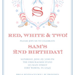 May include: Red, white, and blue invitation for Sam's 2nd birthday party. The invitation features a shield with a red "S" and stars, fireworks, and cowboy boots. The party is on Saturday, June 29th at 2:00 PM at The Firecracker Stand, 123 Main Street, Fort Worth, TX 12345. BBQ and beverages will be provided. Please RSVP to Martha at 123.456.7890.