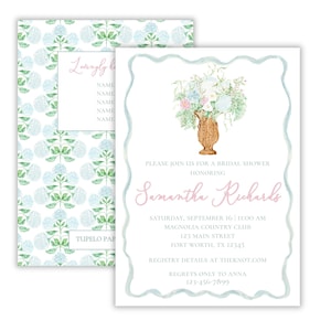 Convite para chá de panela Grandmillennial em aquarela | Convite para chá de panela Coastal | Chá de panela Preppy Summer Spring | Para impressão