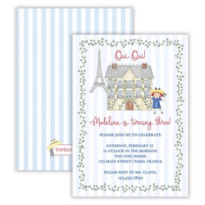 Watercolor Madeline Birthday Party Invitation | Oui Oui Turning Three Invitation | Madeline French Girl Birthday Party Invite | Printable