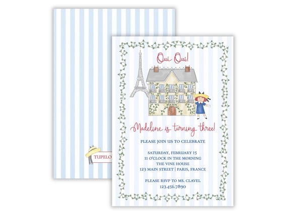 Watercolor Madeline Birthday Party Invitation | Oui Oui Turning Three Invitation | Madeline French Girl Birthday Party Invite | Printable