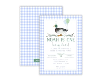 Aquarell Boy's One Lucky Duck Birthday Einladung | Junge Stockente Einladung | Preppy Duck Geburtstagsparty | Druckbar