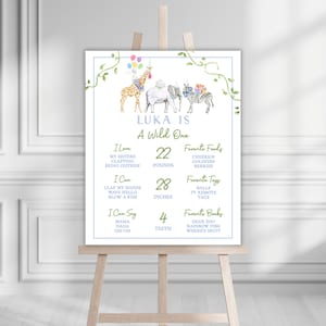Watercolor Boy&#39;s Party Animal Birthday Party Milestone Sign | Preppy First Birthday Party Animal Milestone Sign | Wild One | Printable