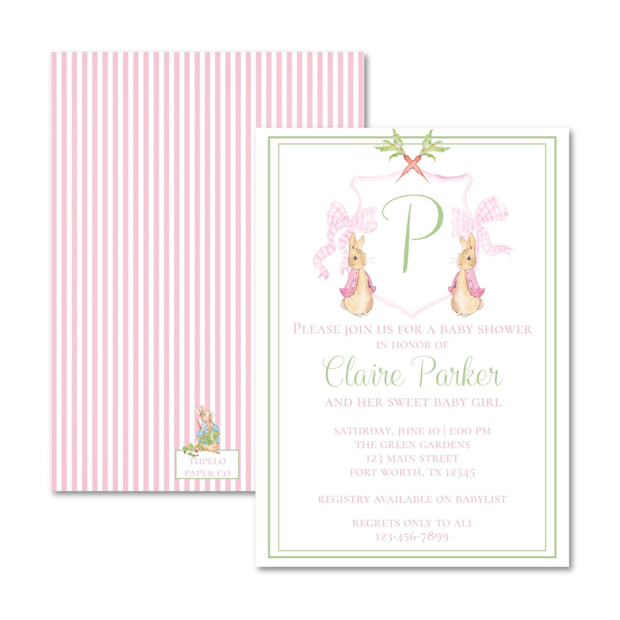 Watercolor Girls Classic Peter Rabbit Baby Shower Invitation Preppy Peter Rabbit Invitation Grandmillennial Peter Rabbit