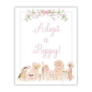 Aquarel Adopteer een puppyteken | Pawty-bewegwijzering voor de verjaardag van het meisje | Afdrukbaar feestbord voor hondenfeest | Adopteer een puppyfeeststation