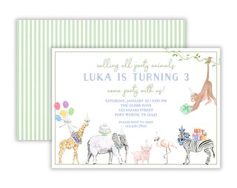Watercolor Boy&#39;s Party Animal Birthday Party Invitation | Preppy Party Animal Birthday Invitation | Zoo Animals Birthday Party | Printable