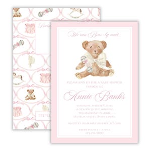 May include: Pink baby shower invitation featuring a watercolor teddy bear with a white bow and rattle. The invitation includes the text "We can Bear-ly wait..." and details for Annie Banks' baby shower.
