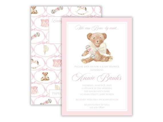 Watercolor Vintage Girl's Baby Shower | We Can Bearly Wait Shower | Classic Teddy Bear Baby Shower | Grandmillennial Girl Shower | Printable