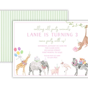 Invito alla festa di compleanno per bambine con tema animali da festa in stile acquerello / Invito alla festa di compleanno con tema animali da festa in stile preppy / Festa di compleanno con animali dello zoo / Stampabile