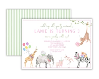 Watercolor Girl's Party Animal Birthday Party Invitation | Preppy Party Animal Birthday Invitation | Zoo Animals Birthday Party | Printable