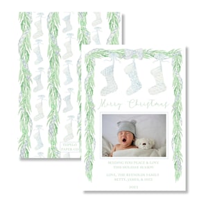 Grandmillennial Christmas Card | Watercolor Christmas Card | Watercolor Holiday Card | Stockings and Garland | Printable