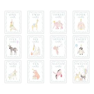 Cartes d'étape mensuelles pour fêtards à thème aquarelle | Cartes d'étape animal grand-millénaire | Mois des animaux preppy | Imprimable