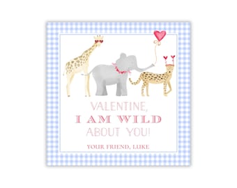 May include: A Valentine's Day card with a blue and white gingham background. The card features a giraffe, elephant, and cheetah with hearts and the text "Valentine, I am wild about you! Your friend, Luke."