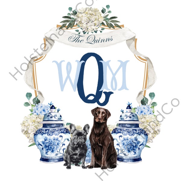 Kundenspezifisches Hochzeits-Wappen-Aquarell-Hundekatzen-großartiges Millennial Art-stationäres Brautparty-Hydrangea-Einladungs-blaues und weißes Chinoiserie
