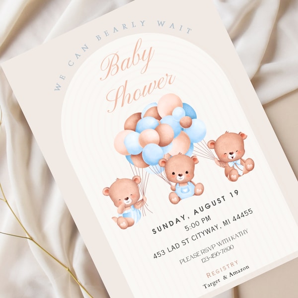 Teddy Bear We can Bearly Wait Invitation Blue and Brown