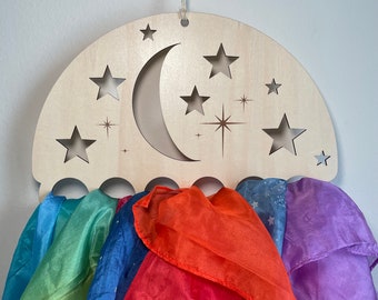 Hanging display for scarves, Moon and stars wall decor for bedroom, Silk scarf hanger gift for women, Room decor gift for teenage girl, best