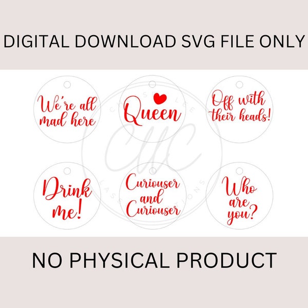 Tea cup tags SVG bundle, Alice in Wonderland sayings, Wine charms SVG digital download, SVG file for laser cutting, Tea party decorations