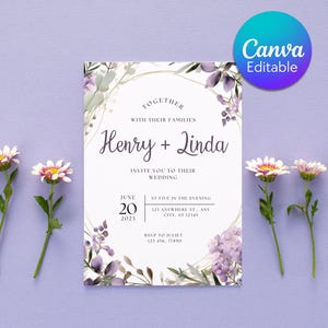 Editable Purple Wedding Invitation, Lavender Floral Wedding Invite, Floral Wedding Invite Template,  Lilac Wedding Invite, Instant Download