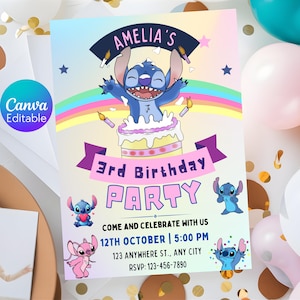 Stitch Birthday Invitation, Editable Stitch Girl Birthday Invitation, Stitch Angel Birthday Invitation, Stitch Canva instant download Invite