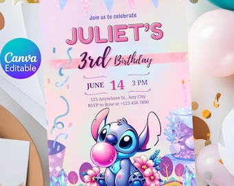 Editable Stitch Birthday Invitation, Girls Party Invite (Digital)