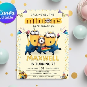Bewerkbare gele Minions verjaardagsuitnodiging, bewerkbare Minion verjaardagsuitnodiging, afdrukbare verjaardagsuitnodiging, digitale kinderfeestje uitnodiging