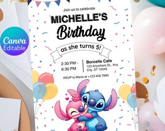 Stitch Birthday Invitation, Angel Theme, Editable kids Party (Digital)