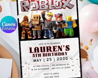 Invitación de cumpleaños de Roblox, plantilla editable para fiestas infantiles (Canva)