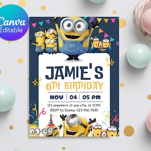 Bearbeitbare Minion Kindergeburtstagseinladung, Kindergeburtstagseinladung, Minion-Thema bearbeitbare Geburtstagseinladung, Mädchen-Geburtstag, Jungen-Einladung