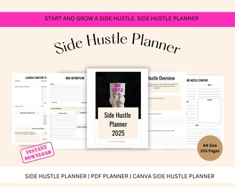 Side Hustle Planner | Side Hustle Plan including side hustle ideas  |Printable side hustle planner | edit in Canva side hustle planner