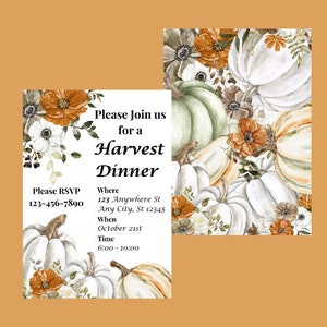Peut inclure: Une invitation à un dîner de récolte avec un fond blanc et une illustration aquarelle de citrouilles et de fleurs. Le texte indique "Veuillez nous rejoindre pour un dîner de récolte" et comprend des détails sur l'événement, tels que la date, l'heure et le lieu.