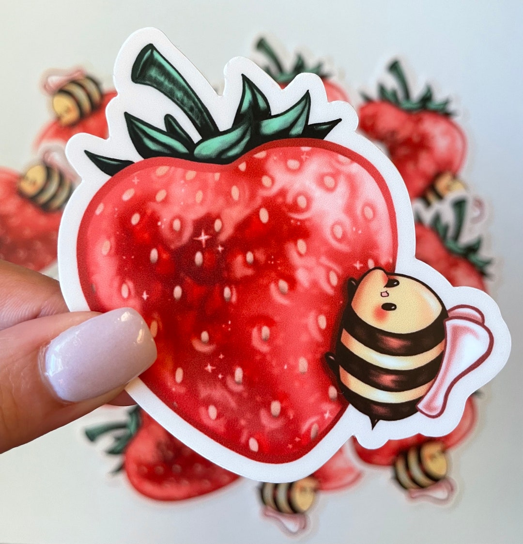Bee Loves Strawberry Vinyl Sticker - Cute Waterproof Laptop Decal - Etsy