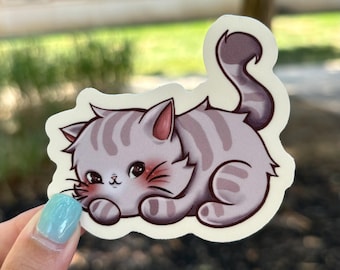 Grey Tabby Cat Vinyl Sticker - Waterproof Kawaii Decal