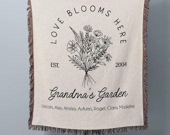 Custom Grandma's Garden Woven Blanket, Grandma Mother's Day Gift, Gift with Grandkids Names, Personalized Blanket Keepsake From Grandchild