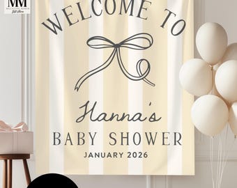 Letrero de bienvenida de tela personalizado para baby shower de género neutro, pancarta de pared para baby shower a rayas con lazo coqueto