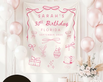 Banner de aniversário personalizado com laço rosa feminino, decoração de festa de aniversário elegante para ela, decoração de aniversário de 30 anos, banner de parede personalizado para festa de aniversário com tema de coquetel.
