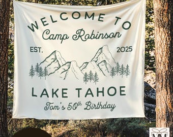 Custom Camping Bachelorette Trip Banner, Camp Bach Party Tapestry, Lake Tahoe Bridal Party Decor, Lake Outdoor Bachelorette Weekend Backdrop