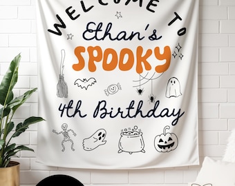 Pancarta de cumpleaños infantil de Halloween, decoración personalizada para fiestas de Halloween, fondo fotográfico de cumpleaños espeluznante, adorno de pared de Halloween, letrero para fiestas de brujas