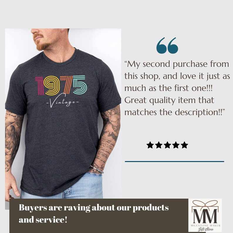 以下が含まれることがあります： レインボーカラーで「1975」とプリントされたダークグレーのTシャツ。下に「ヴィンテージ」の文字が書かれている。腕にタトゥーを入れた人がTシャツを着ている。