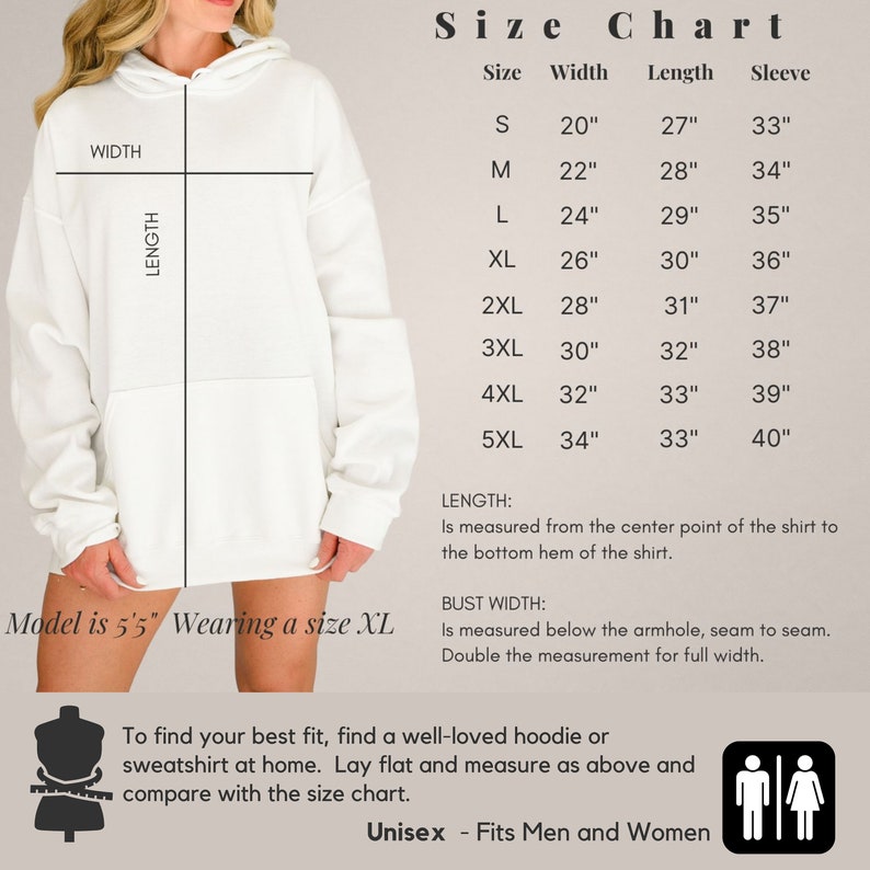 Op de afbeelding: Maattabel voor een witte hoodie met afmetingen in inches voor breedte, lengte en mouwlengte. De tabel toont maten van S tot 5XL. De tekst "Unisex - Fits Men and Women" staat onderaan de tabel.