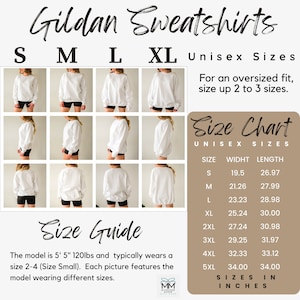 Puede incluir: Sudaderas Gildan blancas en tallas S, M, L y XL, mostradas en una modelo. La imagen incluye una tabla de tallas con medidas en pulgadas (convertidas a cm) y una gu&iacute;a de tallas. El texto dice "Tallas unisex".