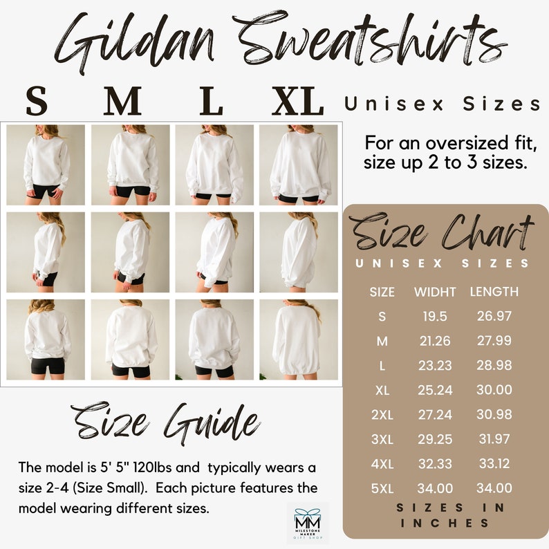 Puede incluir: Sudaderas Gildan blancas en tallas S, M, L y XL, mostradas en una modelo. La imagen incluye una tabla de tallas con medidas en pulgadas (convertidas a cm) y una gu&iacute;a de tallas. El texto dice "Tallas unisex".