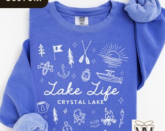 Custom Lake Life Comfort Colors Crewneck Sweatshirt, Personalized Doodle Boating Lake House Gift